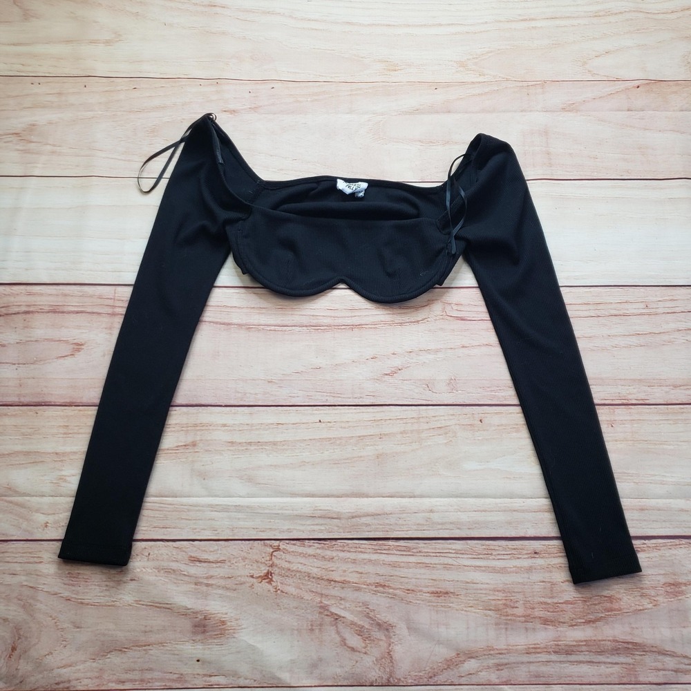 Princess Polly Blouse Womens S Black Cropped Square Neck Built-In Bra Stretch